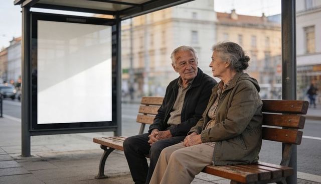 Senior couple sitting at urban bus shelter sharing conversation beside empty ad panel