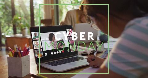 Woman Attending Cyber Monday Video Call at Home Workspace