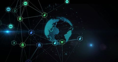 Futuristic global network connection with digital commerce icons