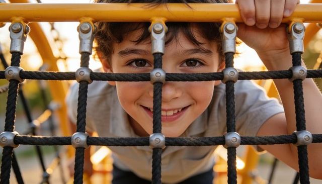 Smiling boy pressing face through rope net while gripping yellow bar at sunlit playground