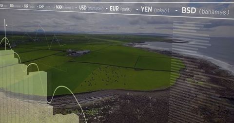 Currency and economy overlay on idyllic farmland scenery