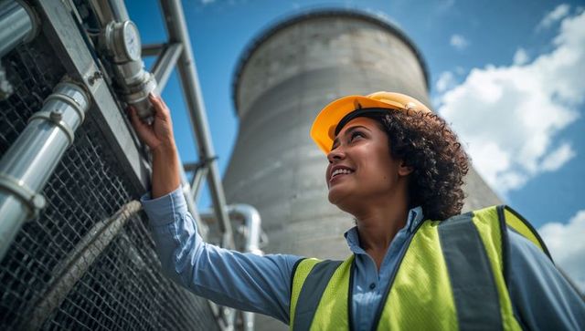 Female Engineer Inspecting Power Plant Cooling Tower Wearing Hard Hat and High-Vis Vest