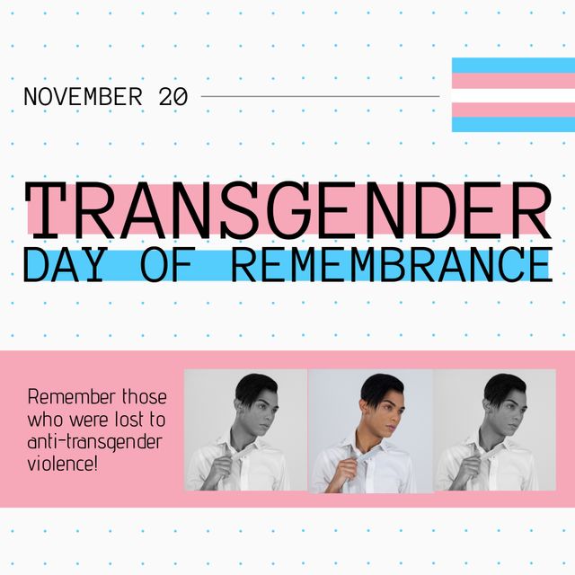 Composite of transgender day of remembrance text over caucasian man and transgender pride flag. Transgender day of remembrance and celebration concept digitally generated image.