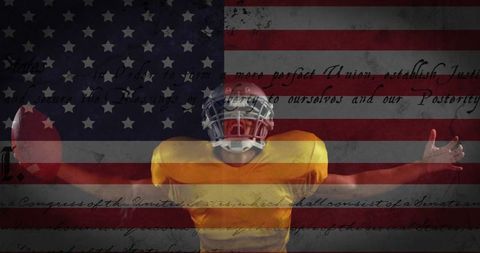Football player celebrating triumph with patriotic american overlay