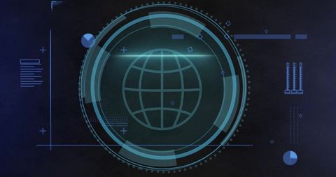 Futuristic hud globe interface featuring concentric rings, cyan glow and telemetry