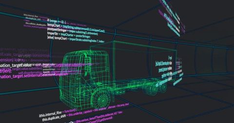 Futuristic wireframe truck with floating data code