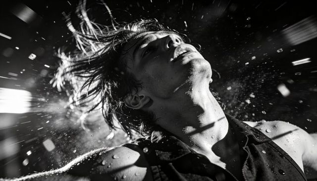 Young man tilting head back spraying water droplets wet sleeveless top black and white motion