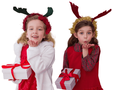 Joyful Girls Blowing Kisses in Festive Elk Antlers on Transparent Background
