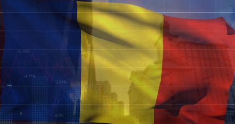Waving Romanian Flag Overlying Urban Growth and Financial Data