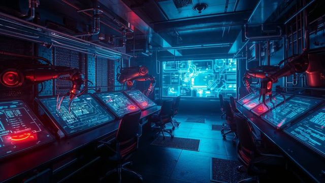 Futuristic laboratory with holographic projections and robotic arms