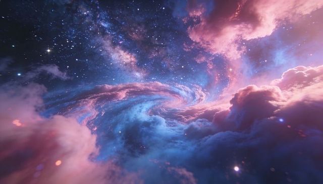 Spiraling Nebula Vortex Coiling Pink and Blue Gas Arms Across Starfield with Luminous Dust