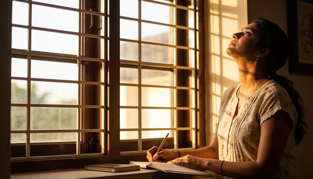 Sunlit woman journaling at wooden window during golden hour, contemplative writing moment