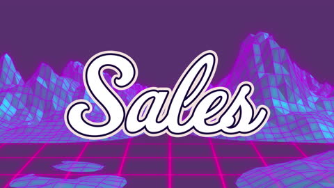 Retro Neon Sales Text on Grid with Digital Mountains
