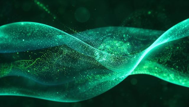 Futuristic Neon Green Waves with Glowing Particles in Motion