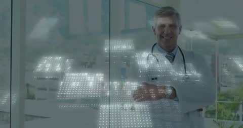 Physician appearing through holographic medical data overlay on clinic glass interface