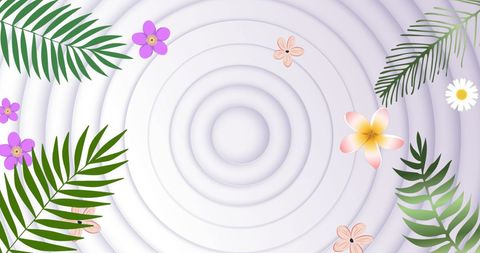 Tranquil Floral and Palm Leaves Display with Concentric Circle Background