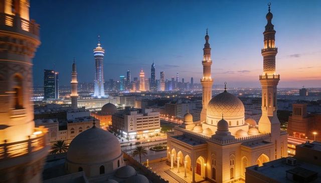 Golden twilight mosque with twin minarets over sparkling gulf city skyline at dusk, urban contrast
