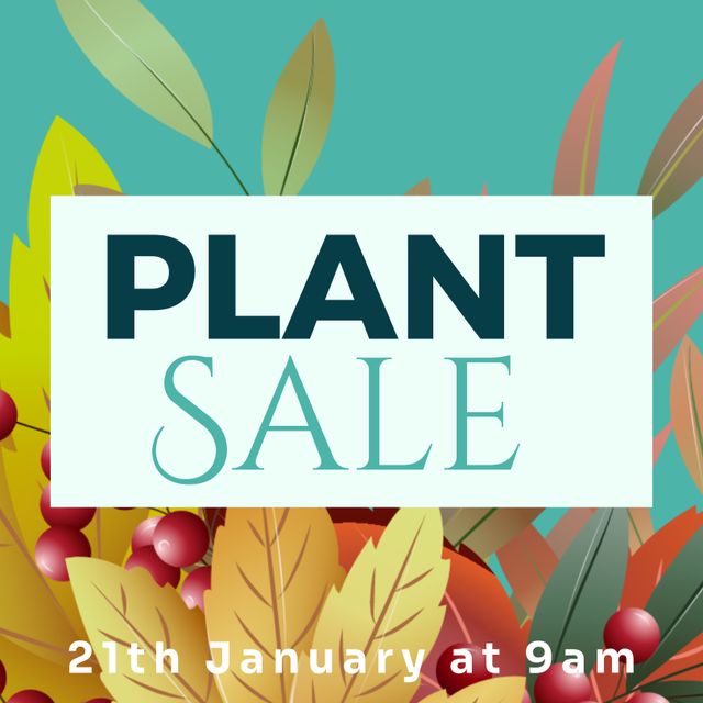 Vibrant plant sale announcement perfect for promoting gardening events and seasonal sales. Useful for social media posts, website banners, and promotional materials to attract plant enthusiasts. The colorful foliage background enhances the appeal, highlighting important sale details.