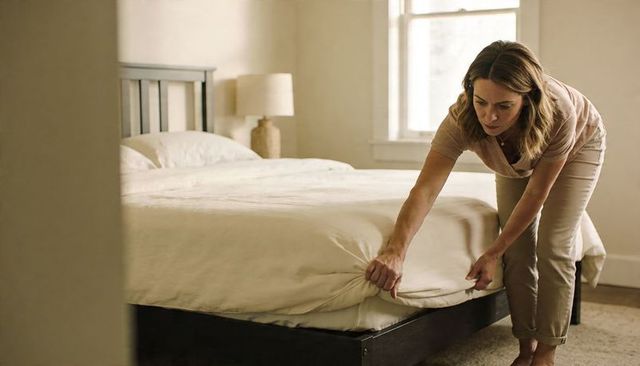 Woman tucking fitted sheet on bed in neutral bedroom preparing cozy morning home routine