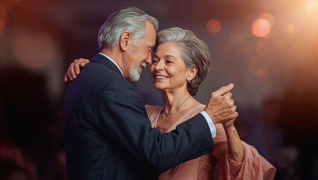 Senior Couple Dancing Embrace in Elegant Ballroom Ambiance