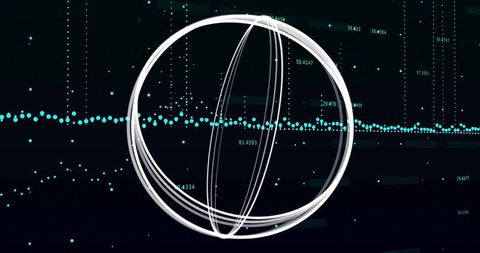 Rotating neon orbital data sphere over turquoise dotted analytics grid futuristic hud