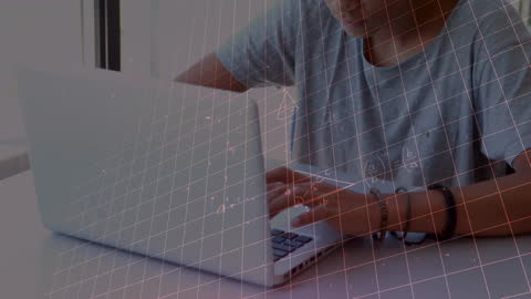 Young Student on Laptop with Mathematical Algorithms