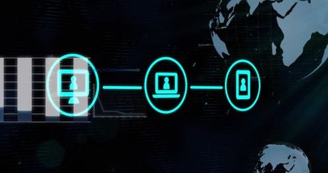 Neon network visualization connecting desktop laptop smartphone icons across cyber dashboard