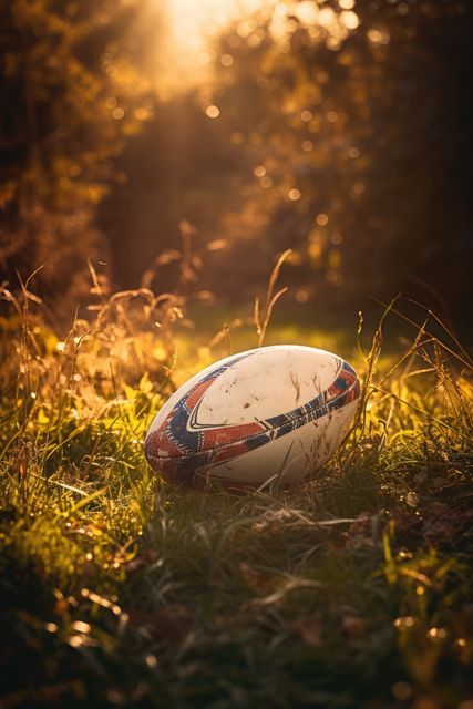 Rugby ball resting on grass with warm sunlight casting a golden glow, perfect for sports-related promotions, nature and outdoor activities articles, autumn-themed designs, and sport-themed advertisements.