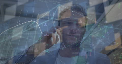 Businessman on Phone with Futuristic Data Overlay
