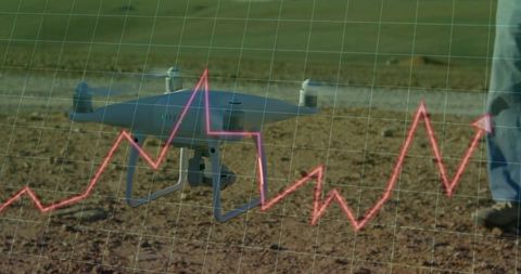 Quadcopter Drone in Field with Dynamic Red Line Graph Overlay