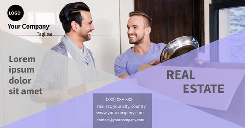Real Estate Promotion with Smiling Men Packing in Modern Home - Download Free Stock Templates Pikwizard.com