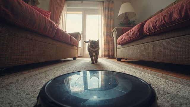 Curious Cat Maneuvering Room with Advanced Robot Vacuum