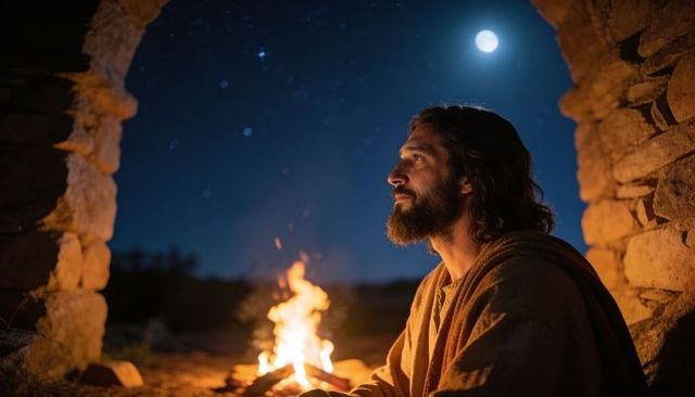 Roaming pilgrim gazing at moonlight by campfire through ancient stone arch