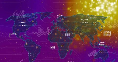 Visualizing global data networks on neon dashboard with hexagon grid, glowing nodes, circuitry