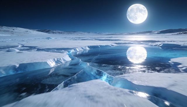 Full moon reflecting on cracked arctic ice pool under starry polar night sky