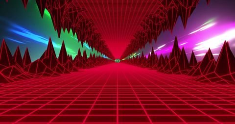 Futuristic grid with neon colors and light trails