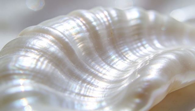 Shimmering mother-of-pearl macro revealing iridescent wavy nacre texture and opalescent luster