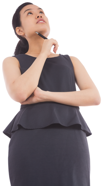 Pondering Asian Businesswoman with Pen Transparent PNG Image - Download Free Stock Videos Pikwizard.com