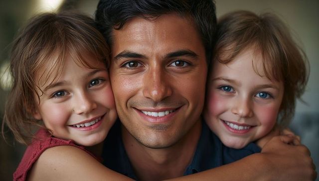 Father Hugging Daughters Displaying Warm Bond at Home