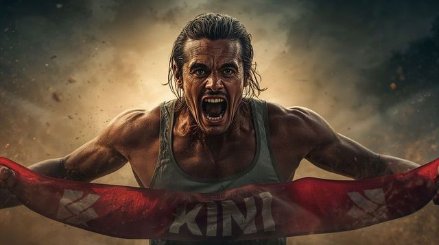 Muscular sprinter breaking finish-line tape, roaring through dust and sweat