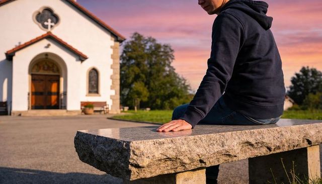 Man turning toward chapel while sitting on stone bench during golden hour sunset showing warm sky