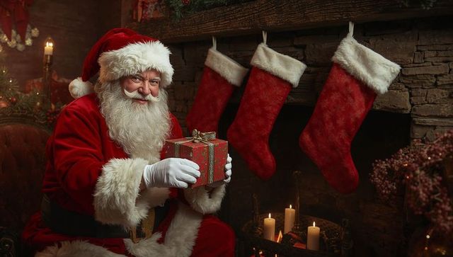 Santa Claus Holding Gift Box by Festive Fireplace