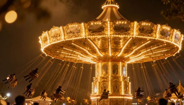 Golden vintage swing carousel spinning at night with silhouetted riders and warm lights
