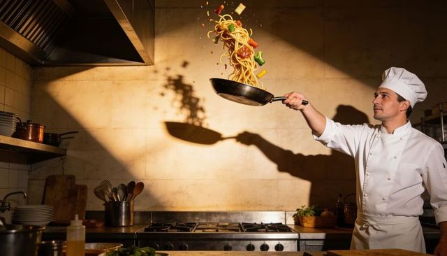 Chef flipping skillet with flying spaghetti and vegetables in dramatic kitchen light