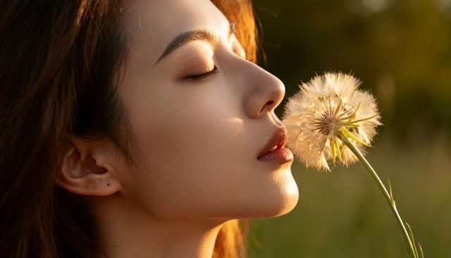 Woman breathing near dandelion seed head at golden hour, backlit profile, nature calm