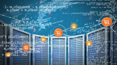 Digital Data Flow Over Modern Server Room with Interface Icons