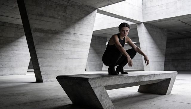 Crouching woman on concrete bench in brutalist interior with dramatic skylights