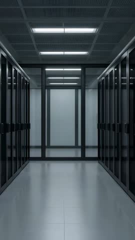 Vertical video walking empty data center aisle with server racks, glass doors, LED panels