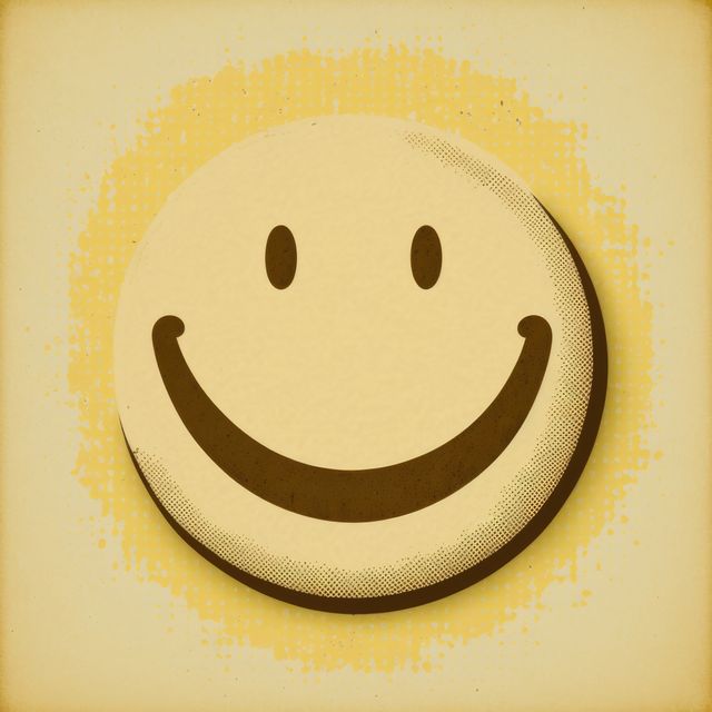 Retro smiley face poster featuring a vintage halftone design. Ideal for use in graphic design projects, as wall art for cafes or homes, promotional materials, or social media graphics conveying happiness and nostalgia.