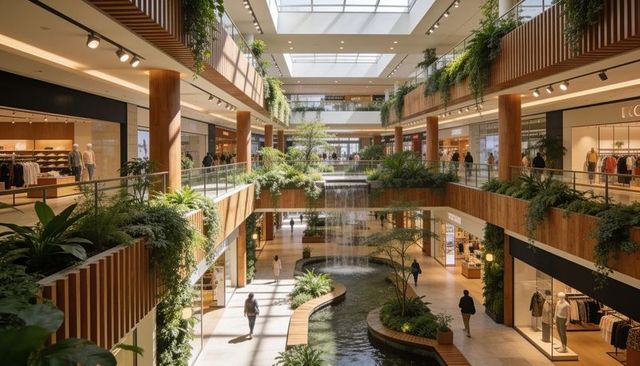 Cascading waterfall flowing through multi-level mall atrium with skylights and timber features